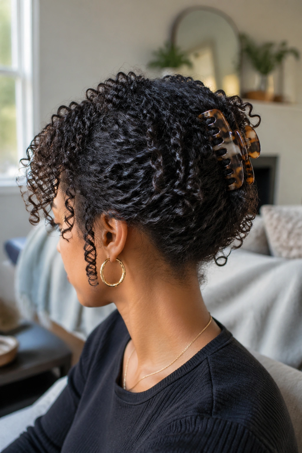 Close-up of defined curls gathered into a clip