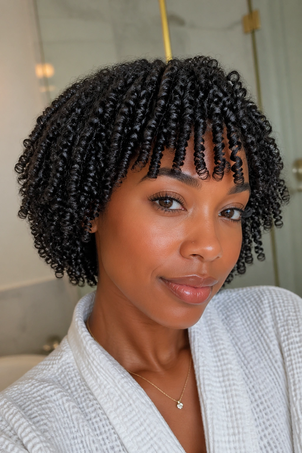 Close-up of real person with defined coil wash-and-go hairstyle.