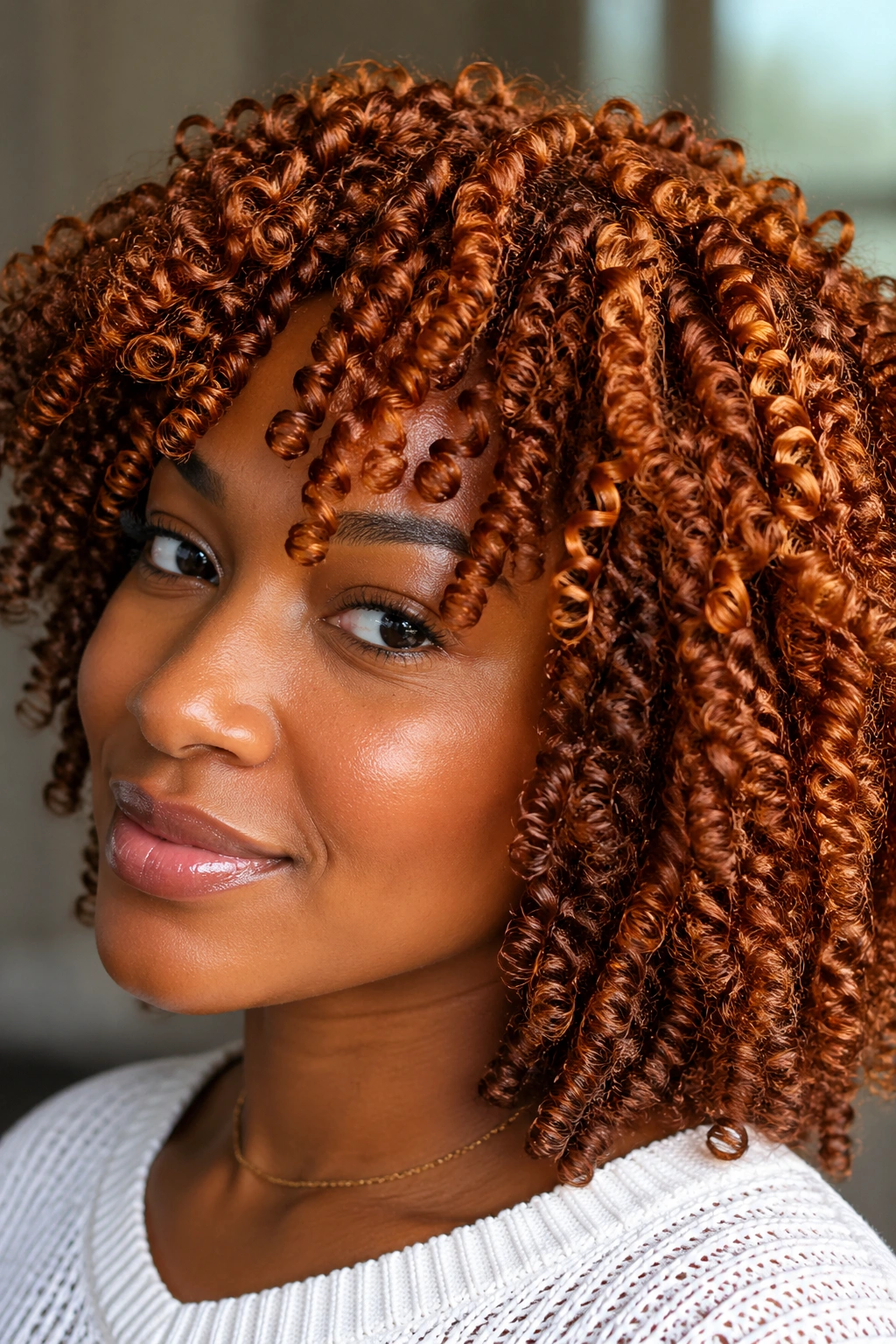 Close-up of copper wash-and-go curls on a real person in window light