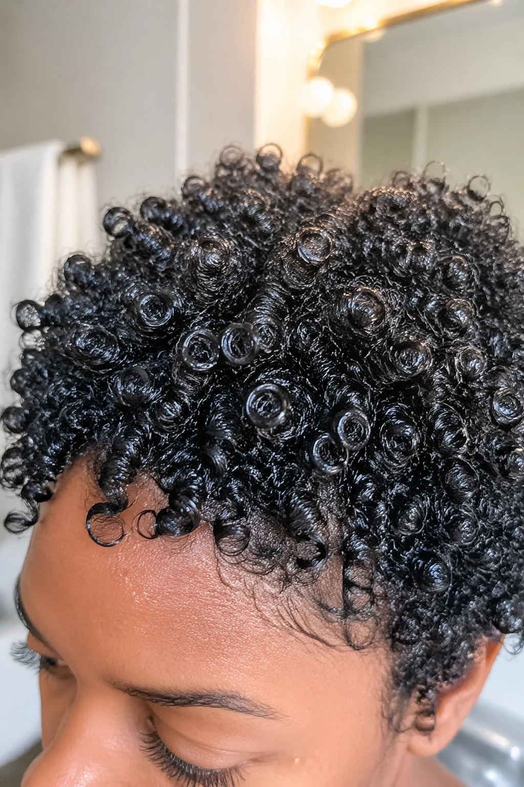 Close-up of wash-and-go curls with moisture on short afro.