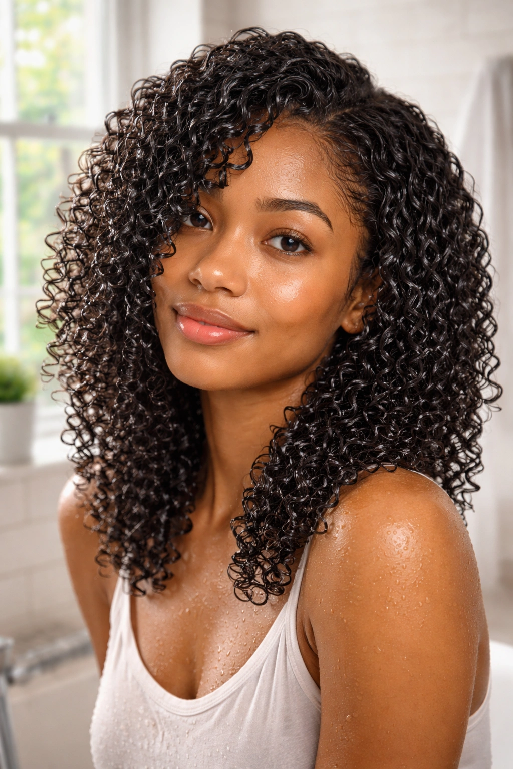 Portrait of a real person with soaking-wet curls after a wash-and-go