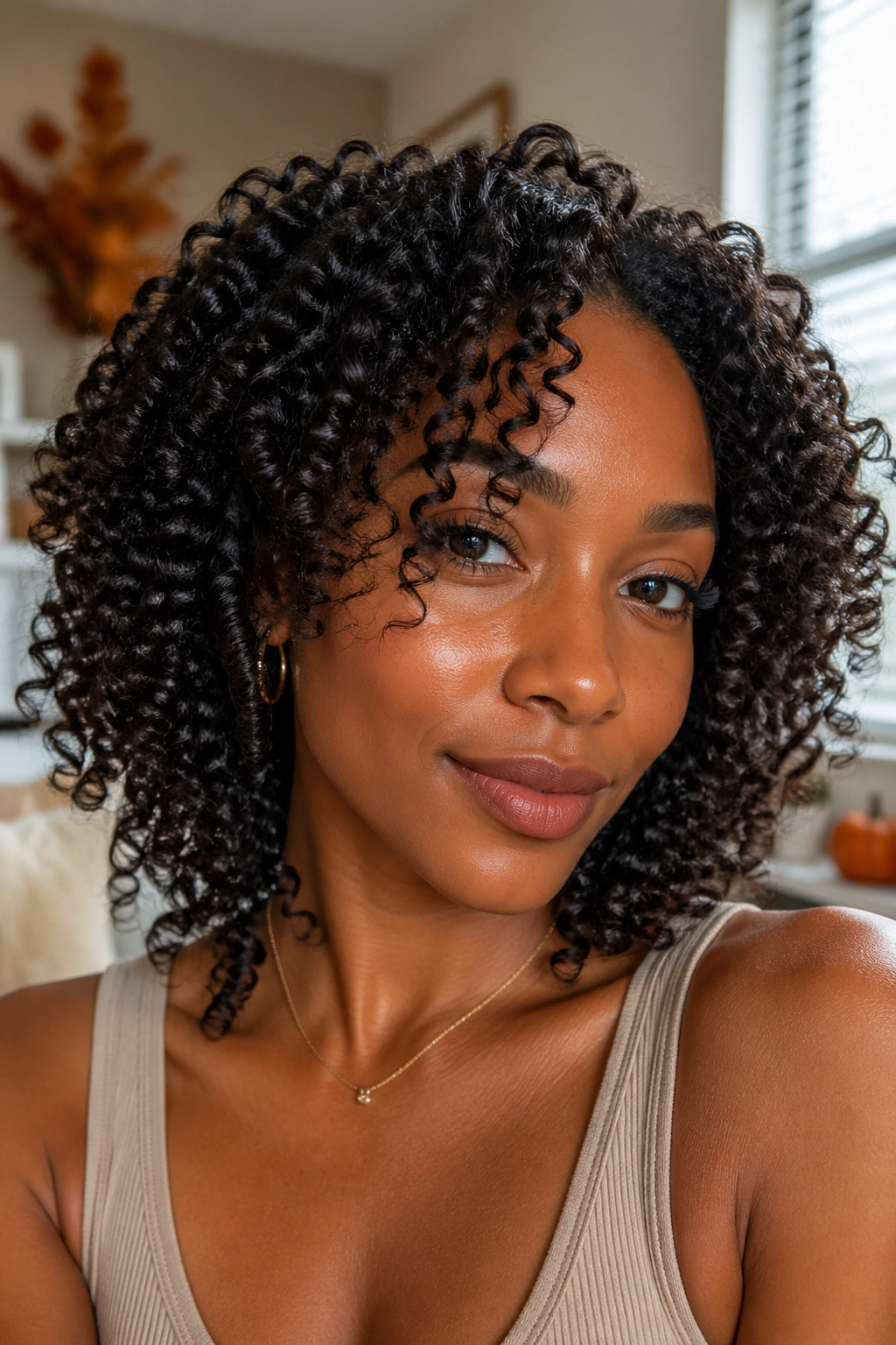 Close-up of a woman with defined curls from a wash-and-go in warm light