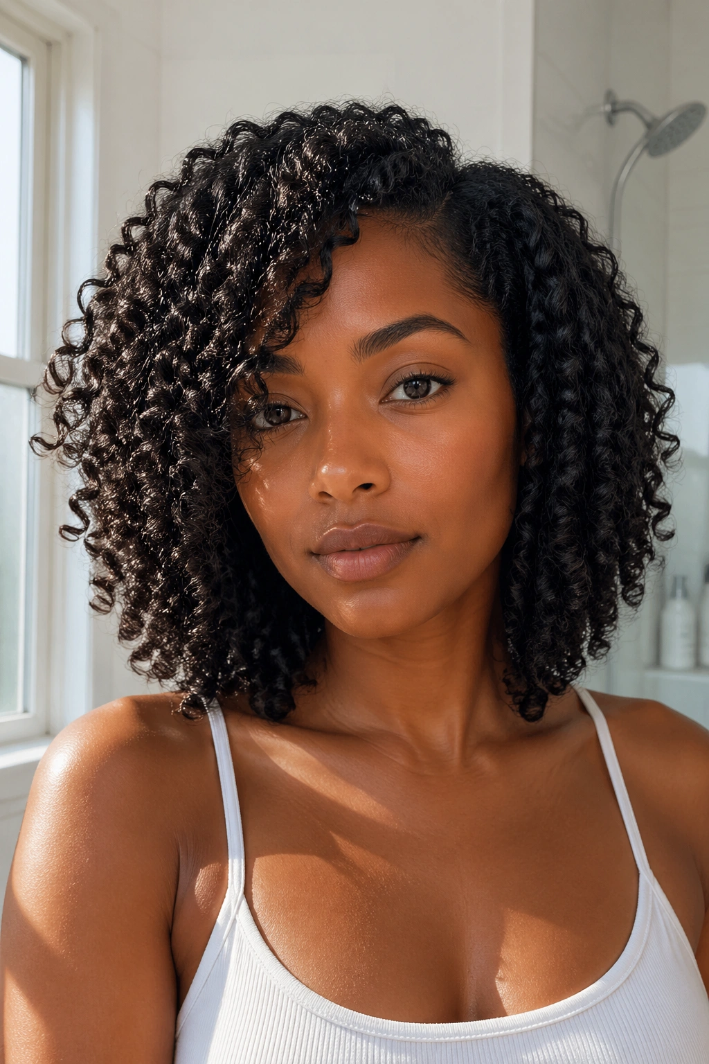 Close-up of real woman with wash-and-go curls in bright bathroom light