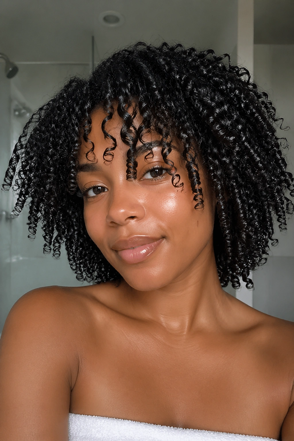 Close-up of person with wash-and-go curls in bathroom