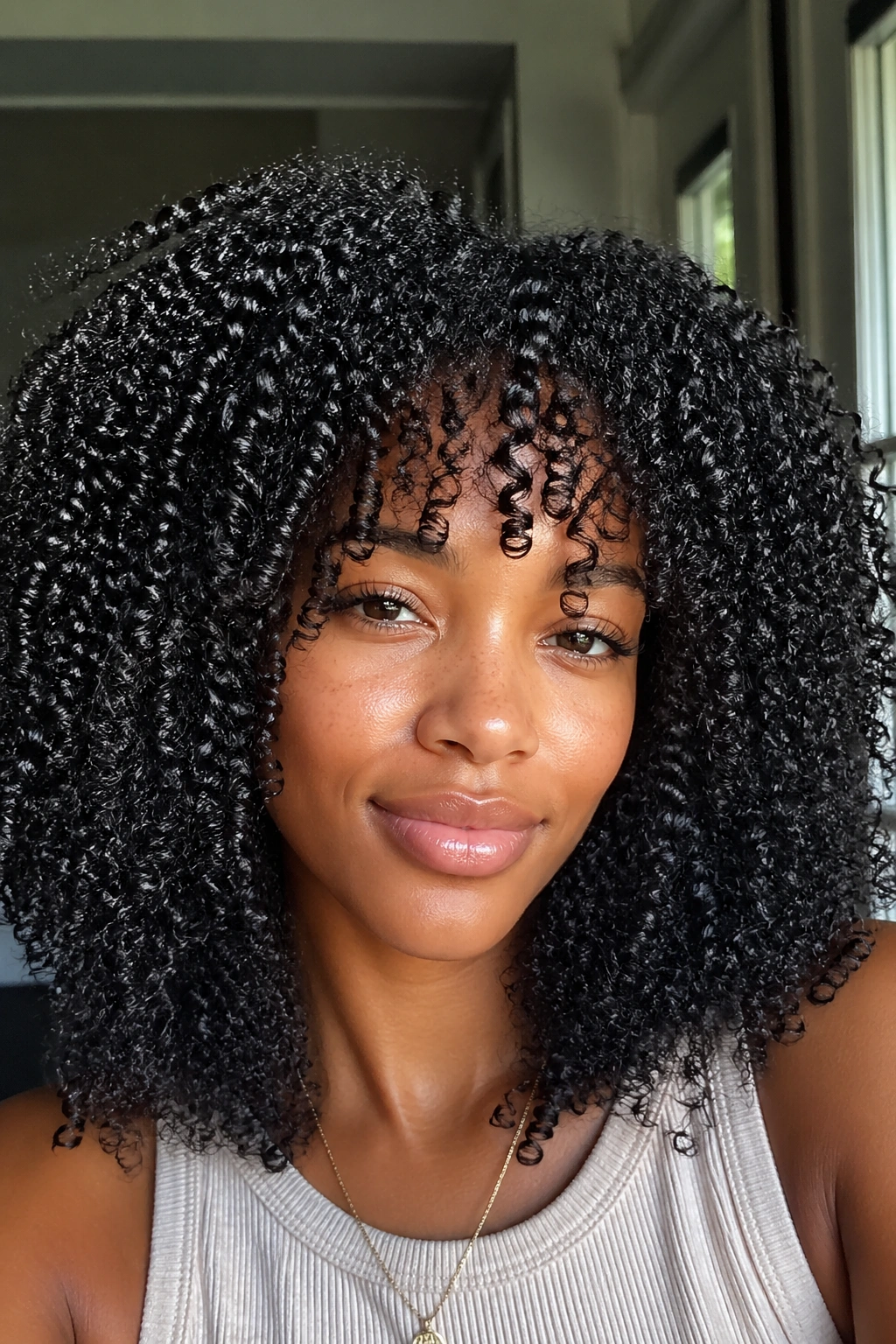 Real person with classic wash-and-go curls filling the frame