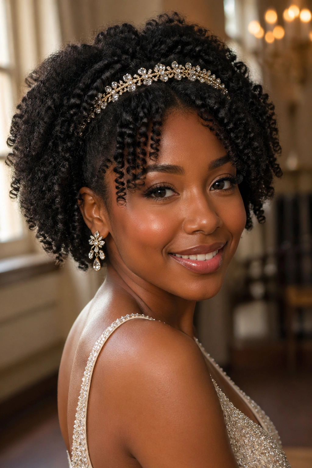 Close-up of a Black woman with defined wash-and-go curls and a jeweled headband.