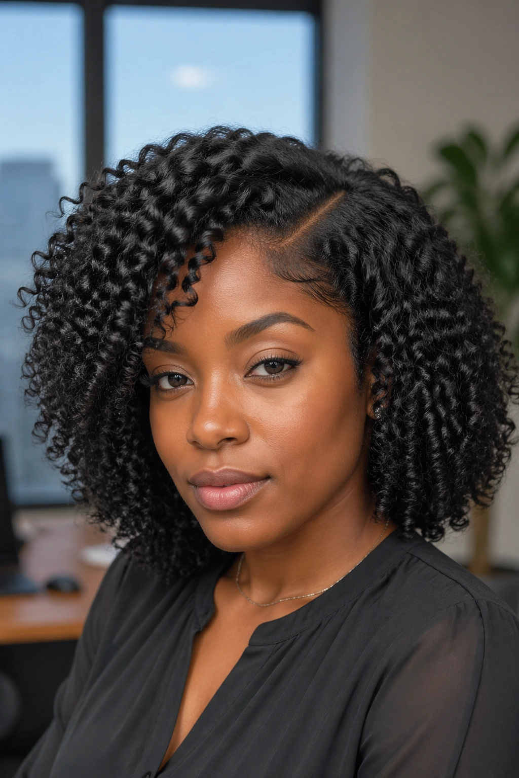 Close-up of a real Black woman with defined wash-and-go curls in a softly lit office setting
