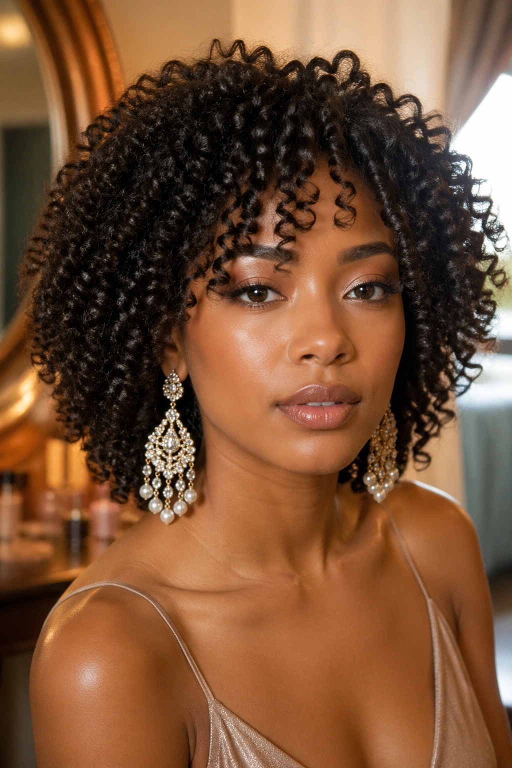 Close-up of a real woman with defined curls and bold statement earrings