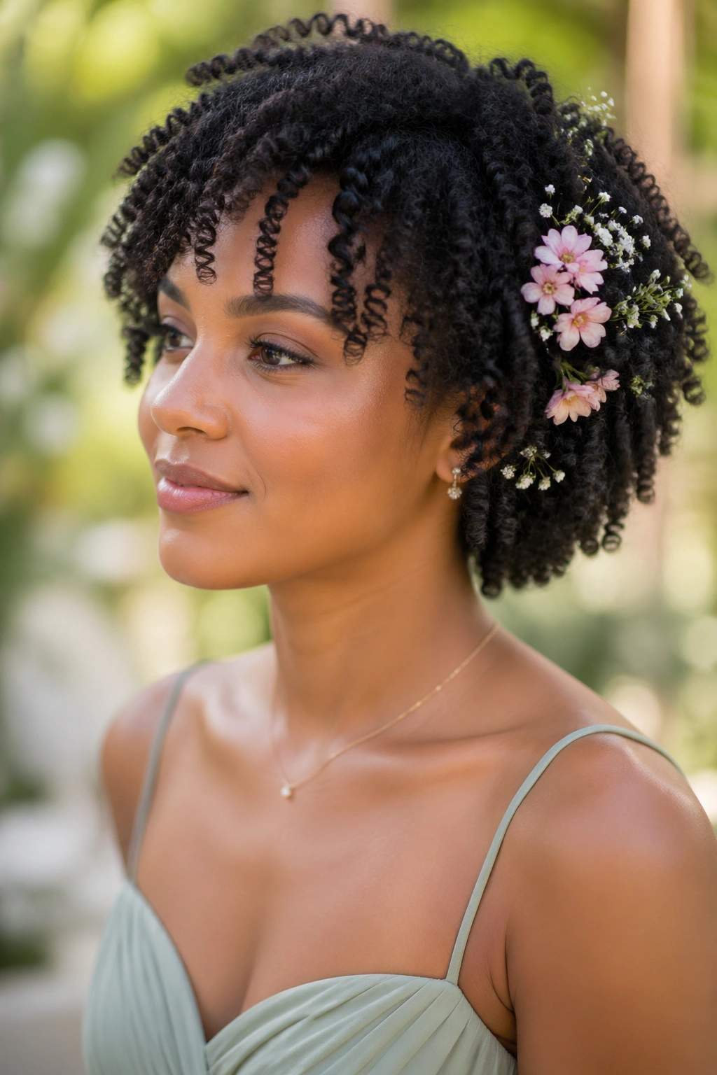 Close-up of a real woman with defined wash-and-go curls and floral accents.