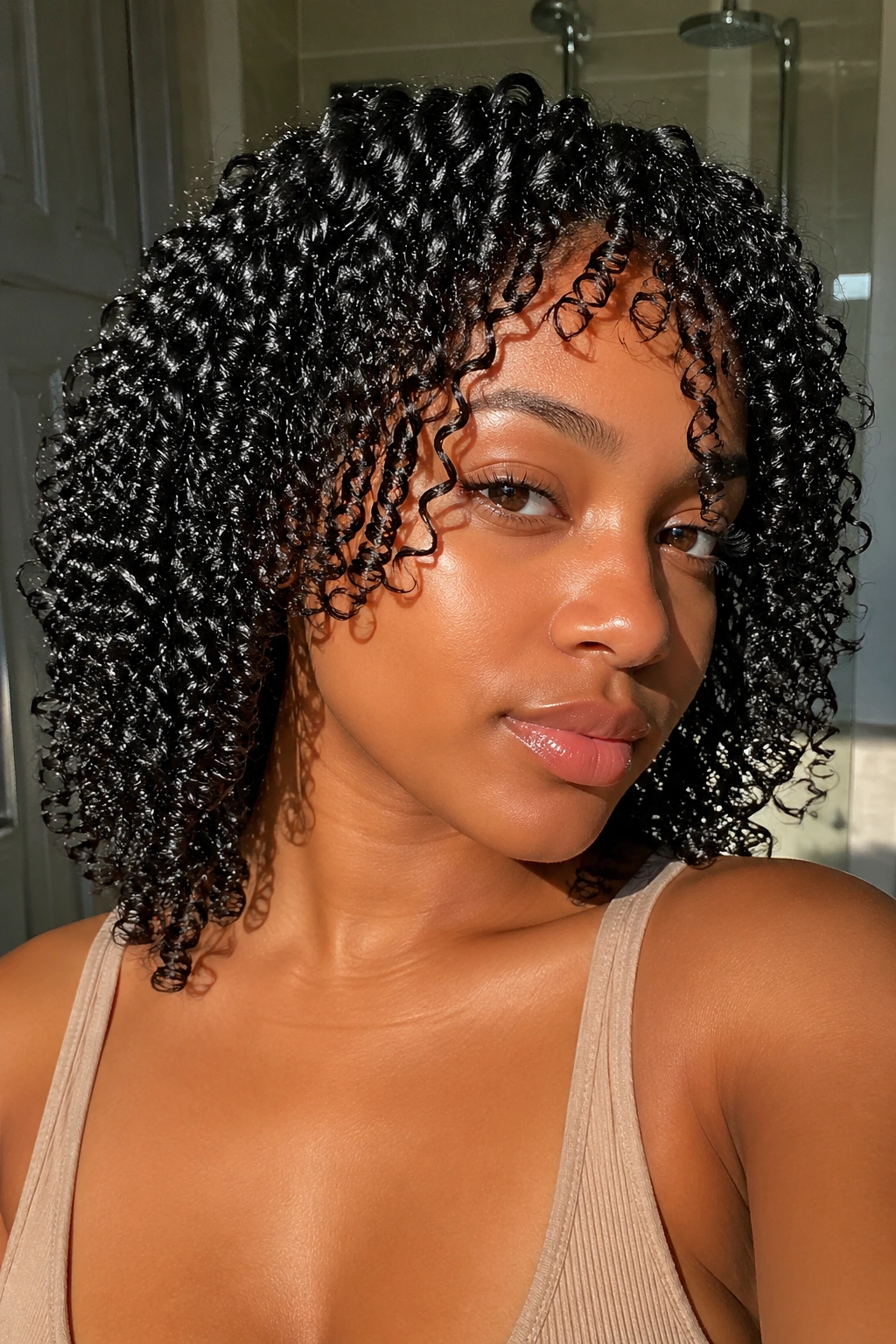 Close-up portrait of a real woman with a high-gloss wash-and-go
