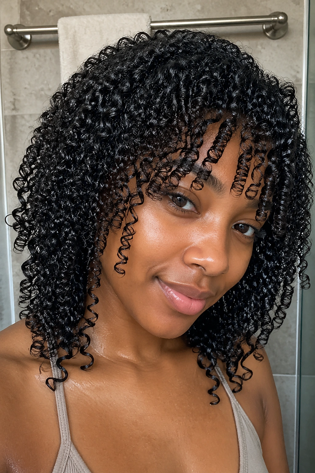 Real person with a dripping-wet juicy wash-and-go hairstyle