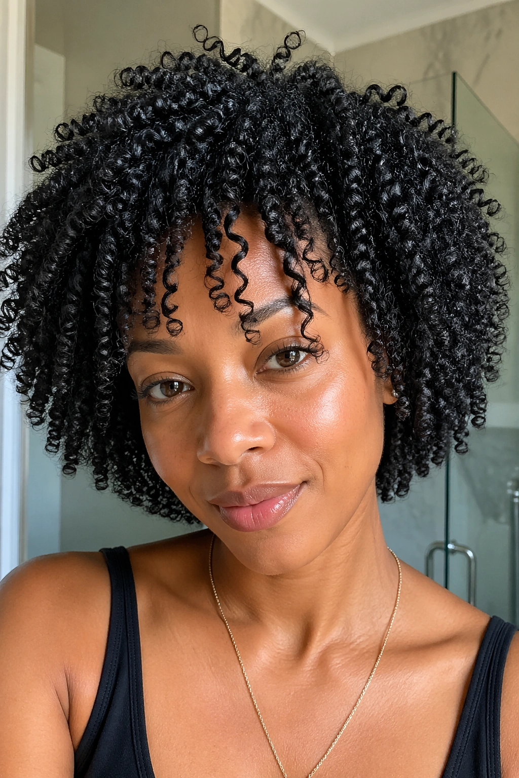 Close-up of a real woman with defined wash-and-go curls in natural bathroom light