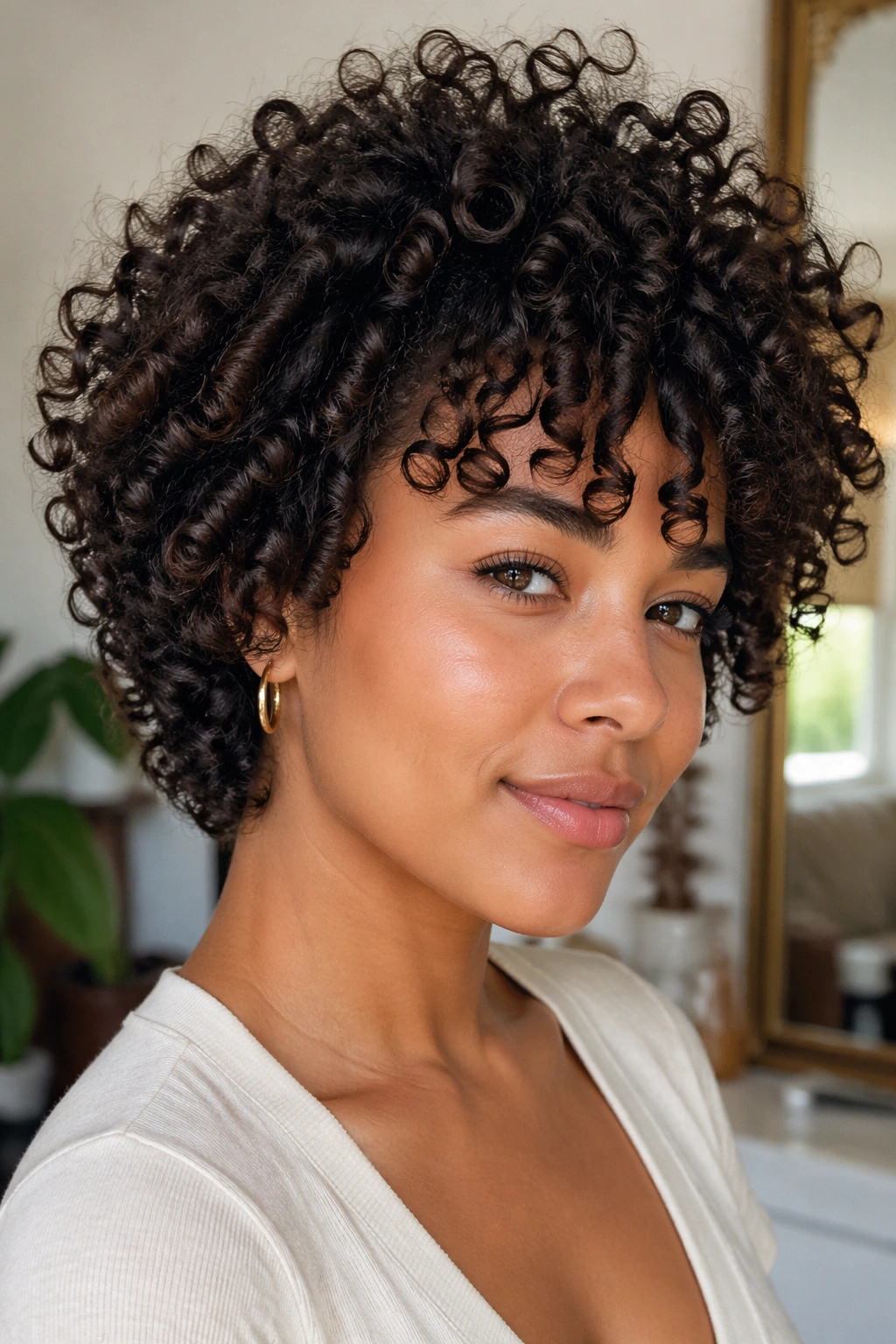 Close-up portrait of a real woman with defined wash-and-go curls keeping their shape.