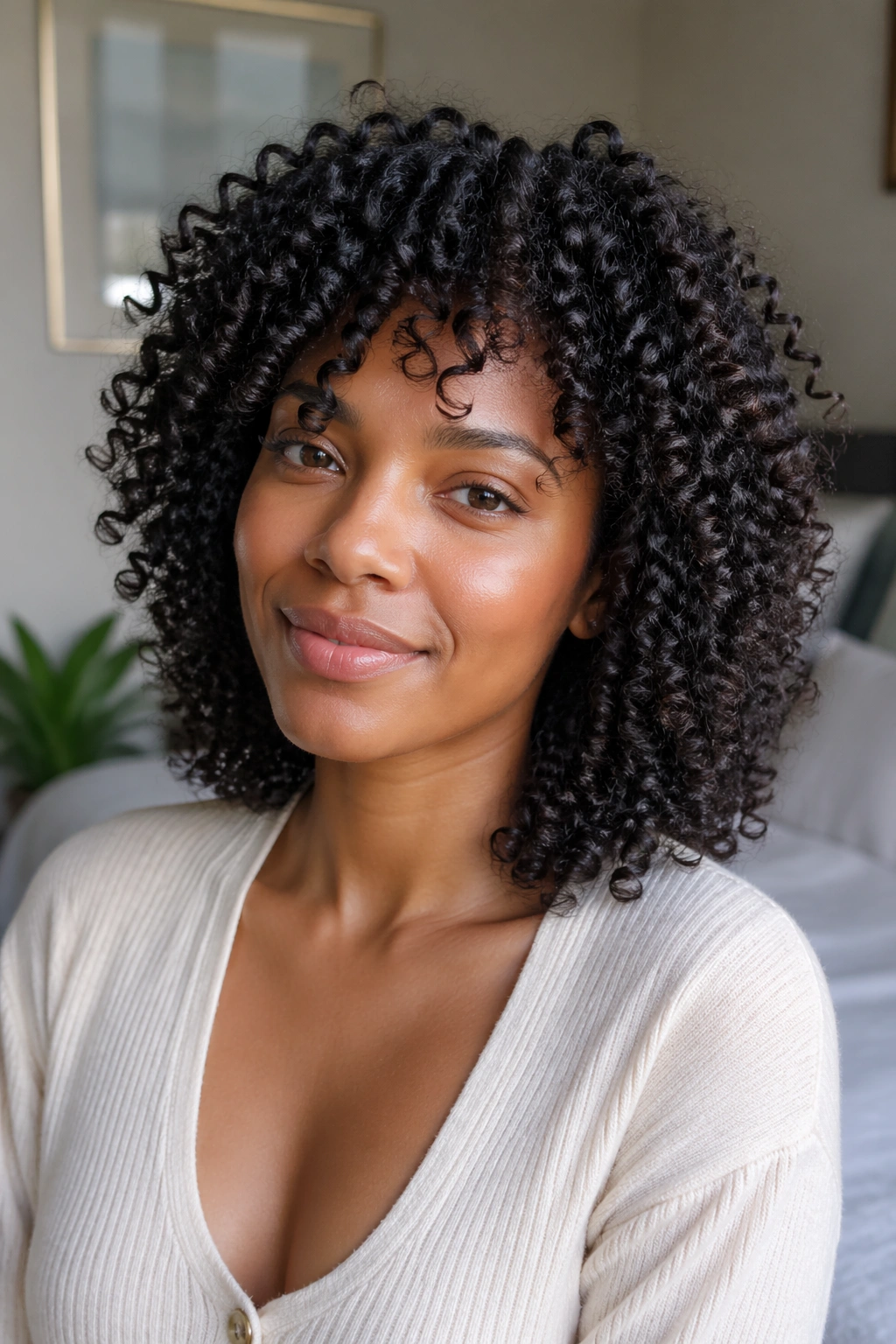 Close-up portrait of a real woman with wash-and-go curls on small tight curls