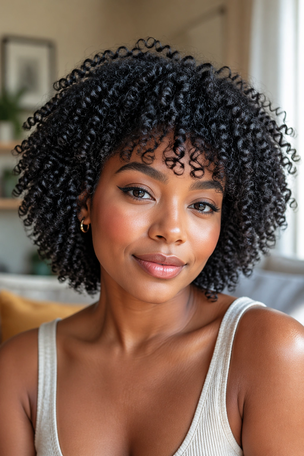 Close-up of a Black woman with a classic wash-and-go curls in natural light
