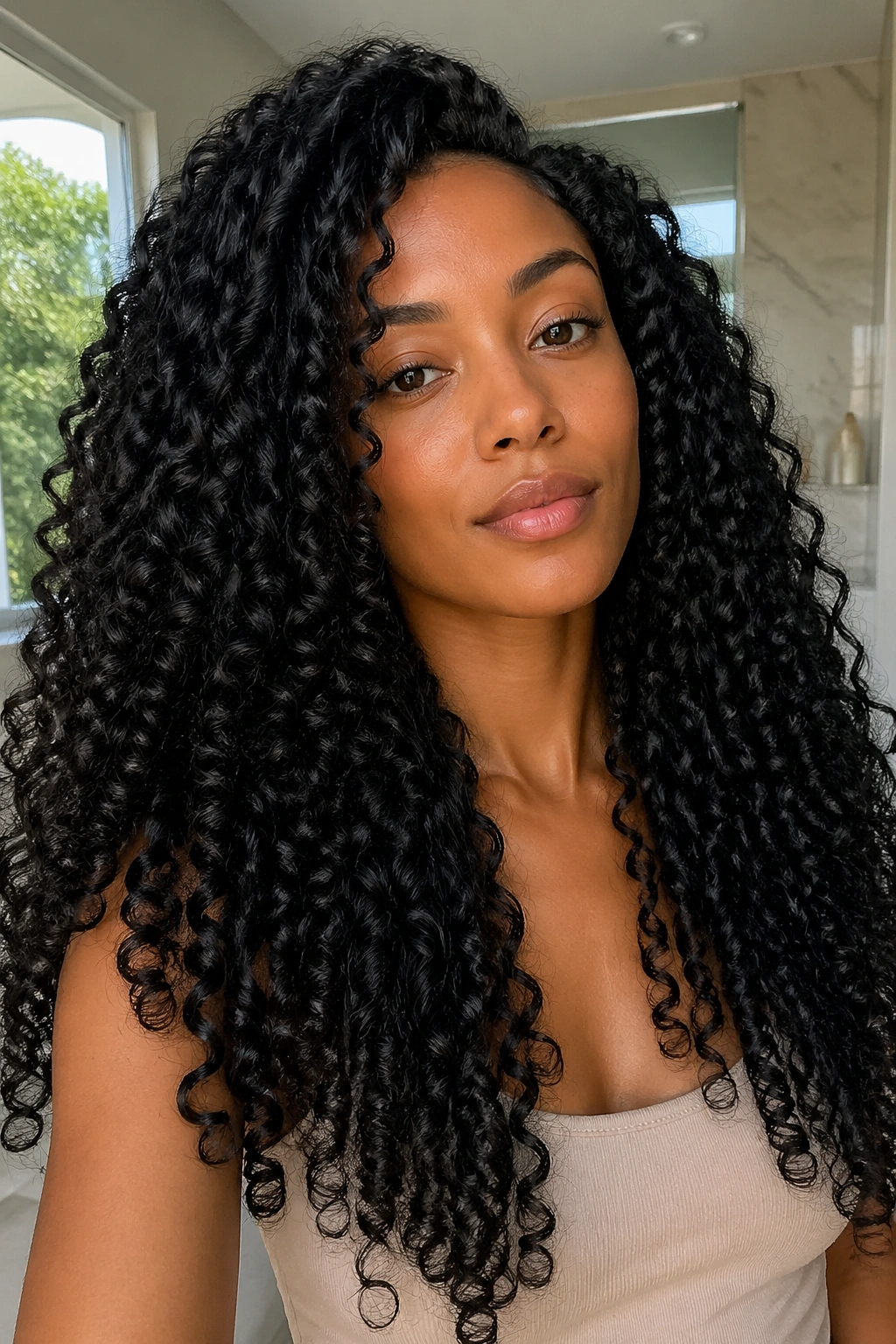 Real woman with long, voluminous wash-and-go curls
