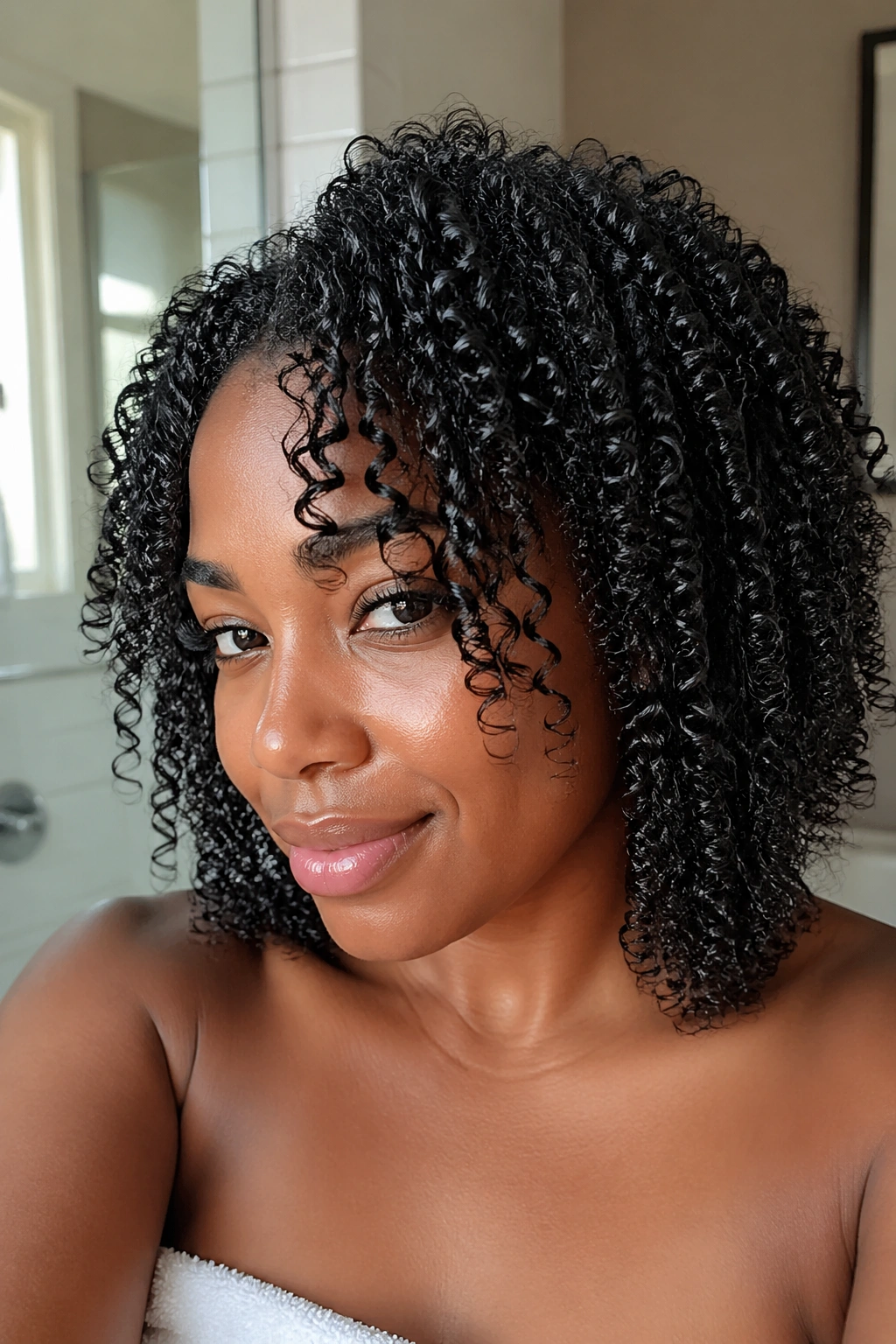 Close-up of a Black woman with wash-and-go curls in a bathroom