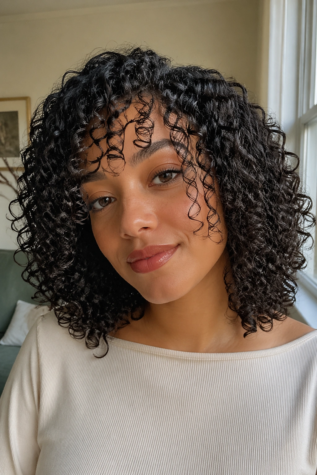 Close-up of a real person with wash-and-go curls in natural window light