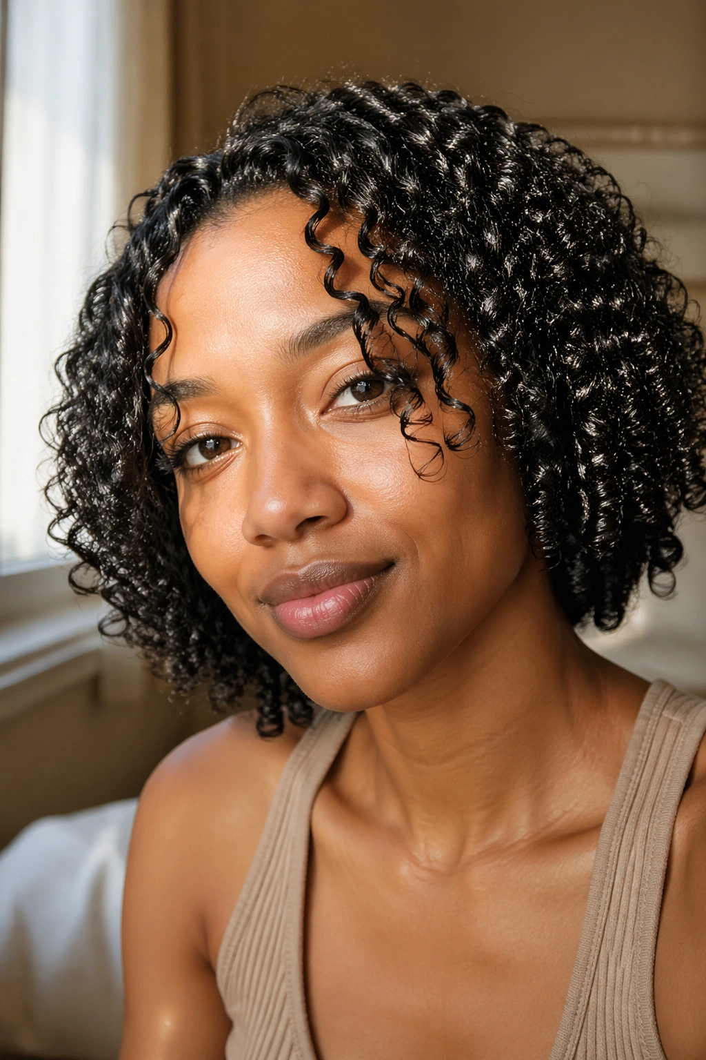 Close-up of a real woman with defined wash-and-go curls under soft window light