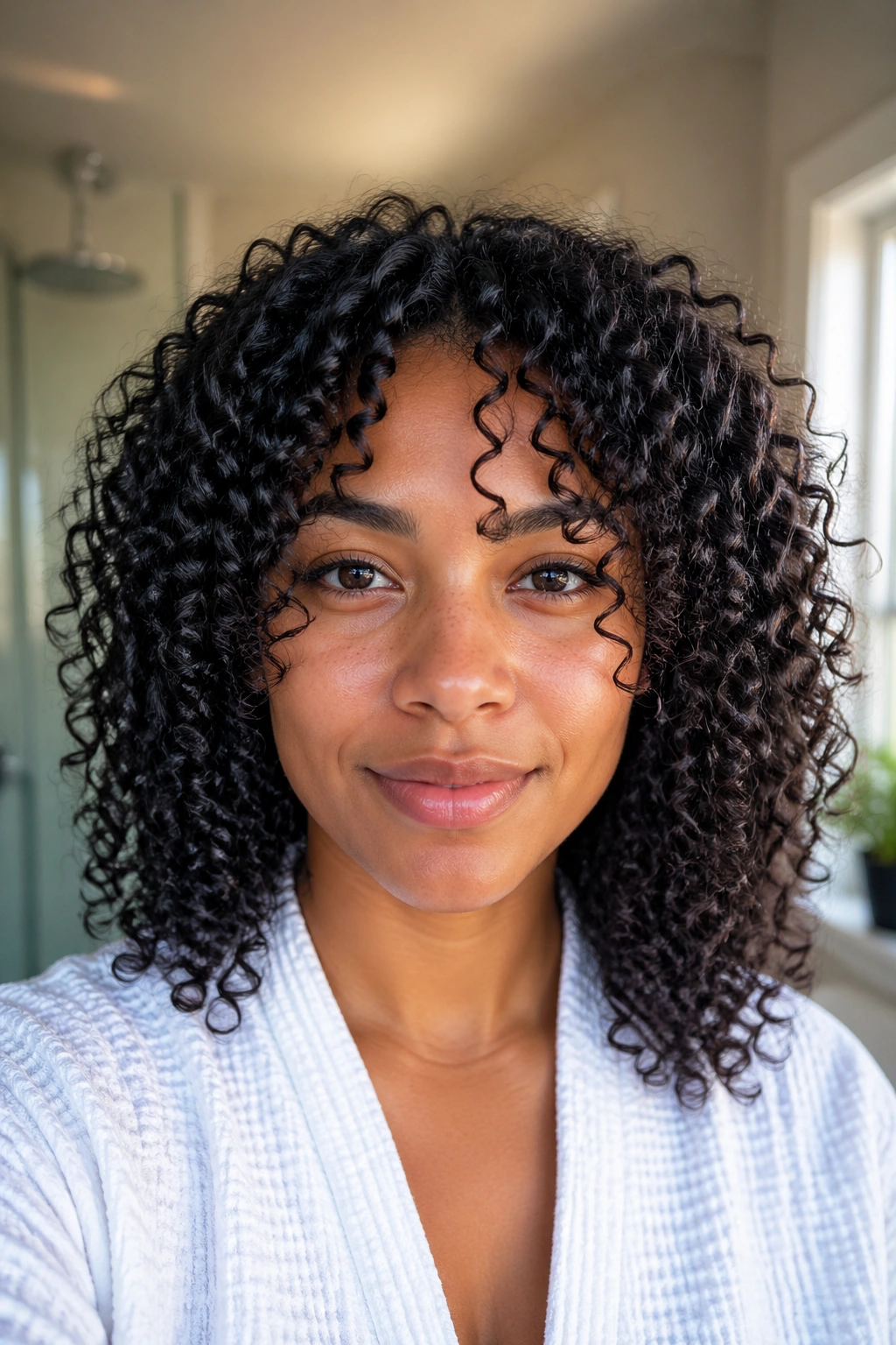 Close-up of a real person with refreshed, defined curls after a wash-and-go refresh