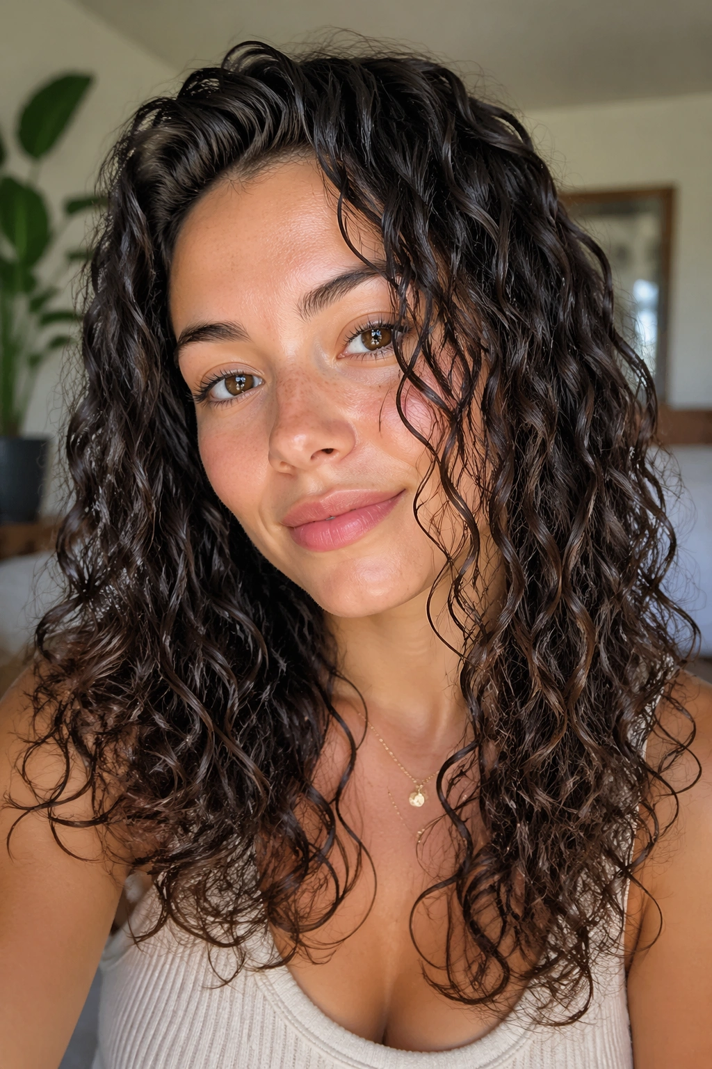 Close-up of a real woman with defined wash-and-go curls and scrunched ends in natural light