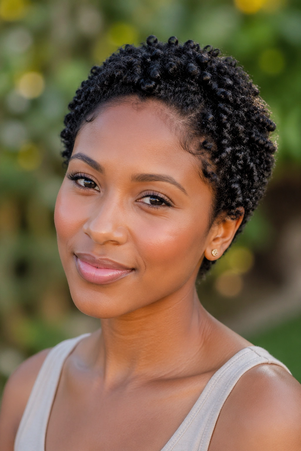 Portrait of a person with Jerry curl inspired wash-and-go hairstyle