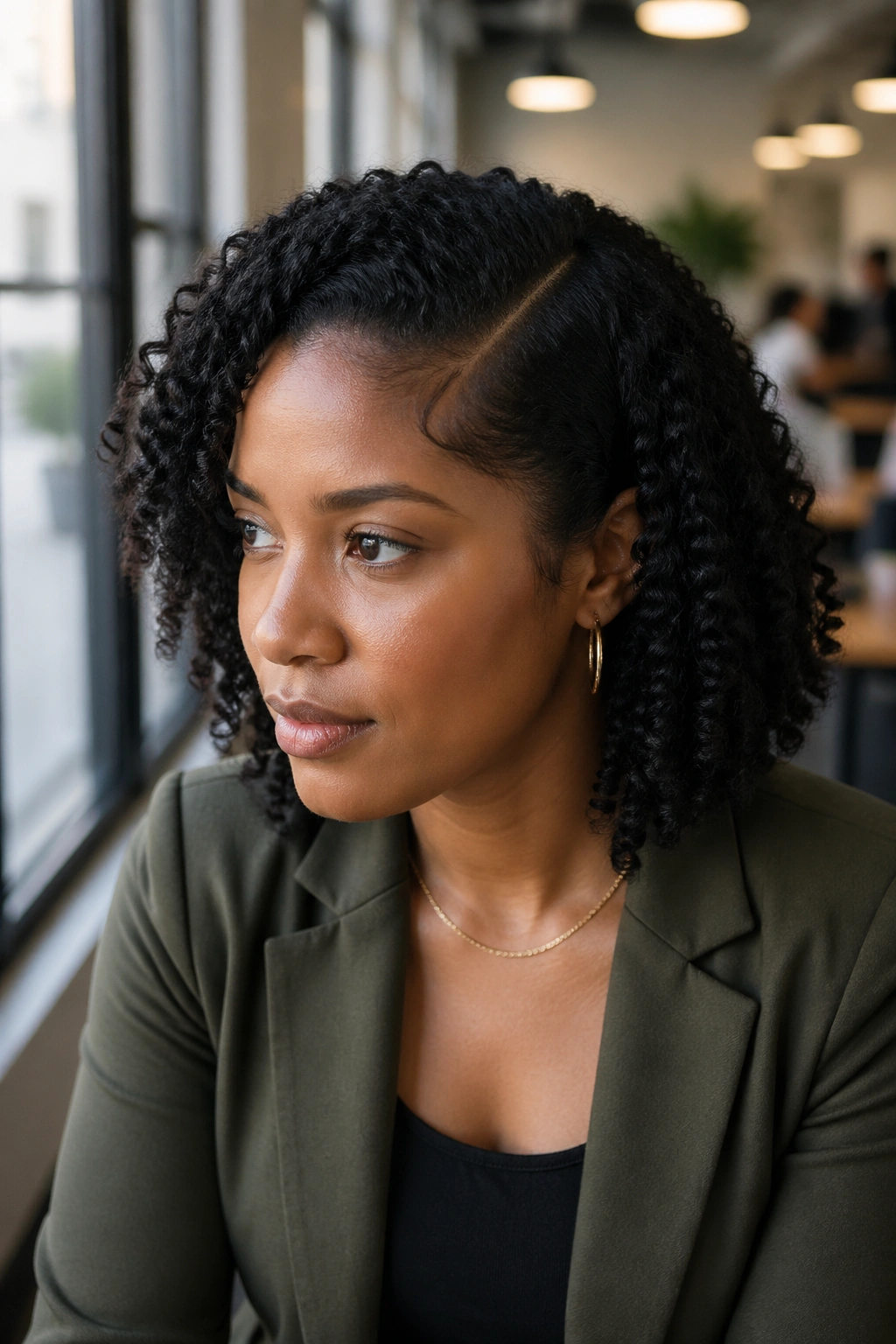 Portrait of person with side-parted wash-and-go curls in natural light