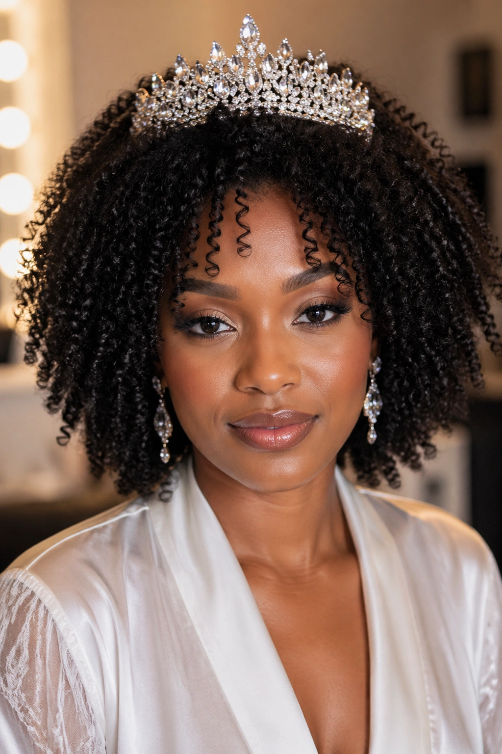 Portrait of a woman with defined wash-and-go curls and a crystal tiara at the crown.