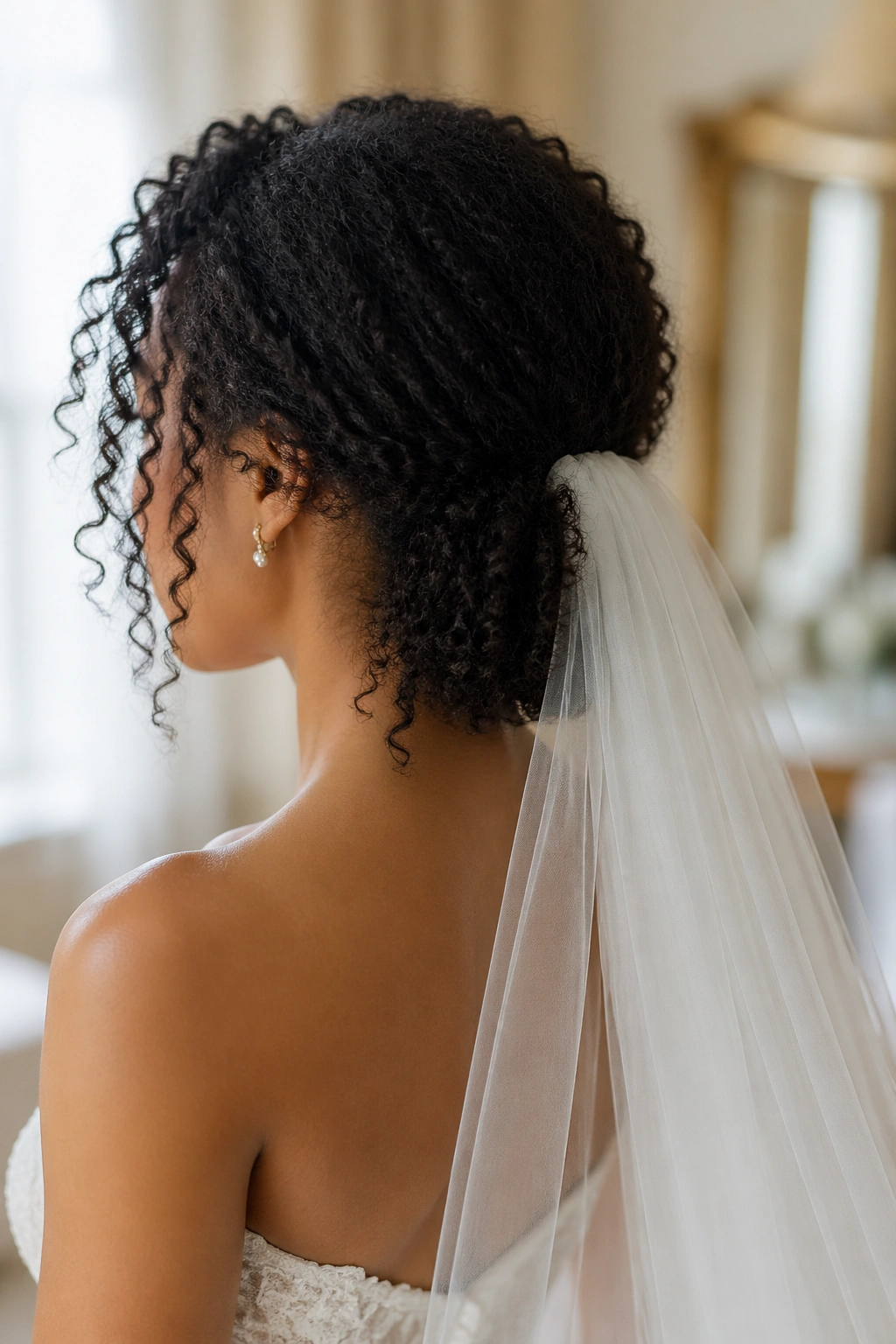 Bride wash-and-go curls at the nape with long veil