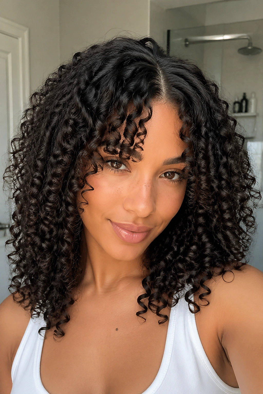 Close-up of a real person with wash-and-go curtain bangs