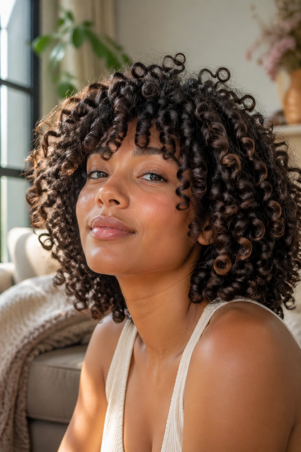 Close-up of day-three wash-and-go curls with soft clusters