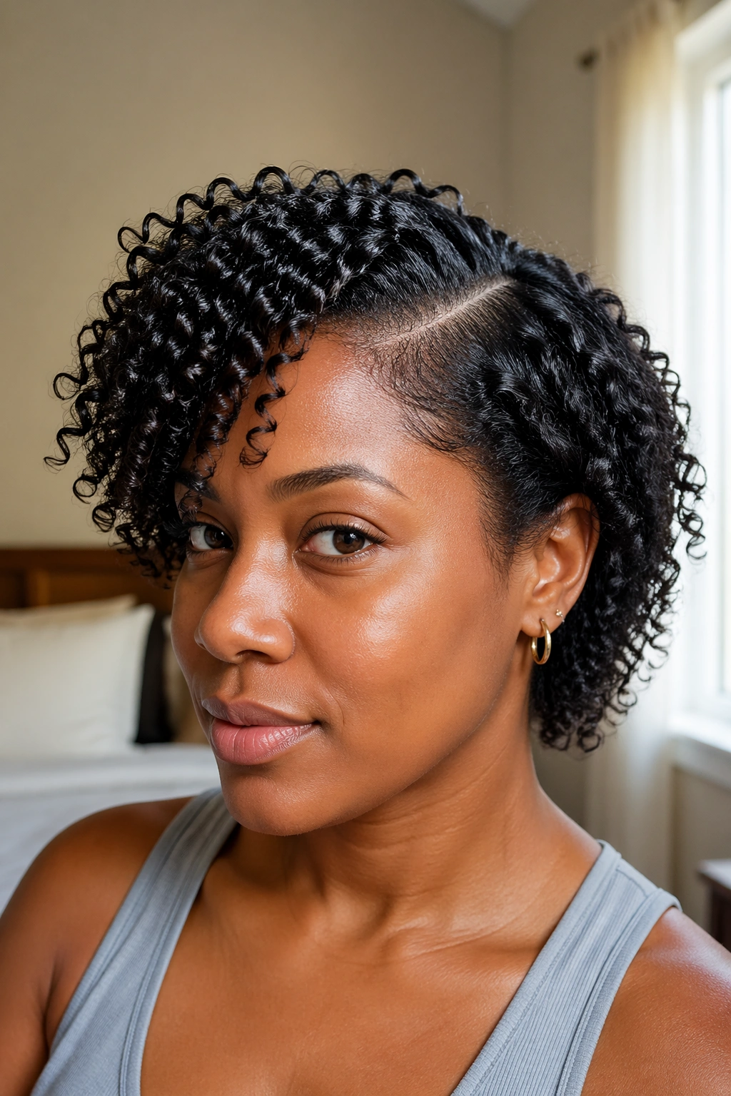 Close-up portrait of a woman with a wash-and-go and deep side part