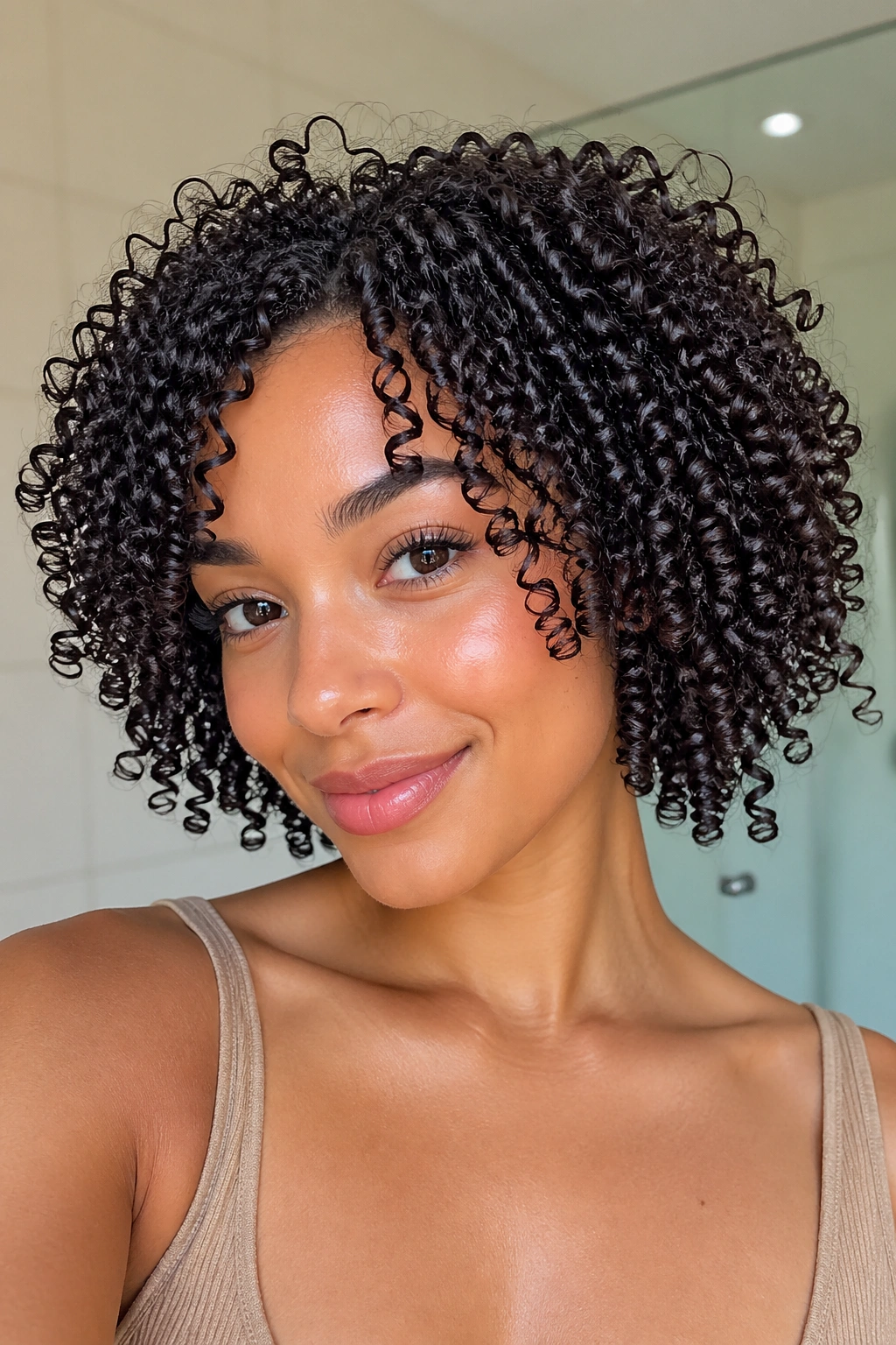 Close-up portrait of a real person with defined wash-and-go curls.