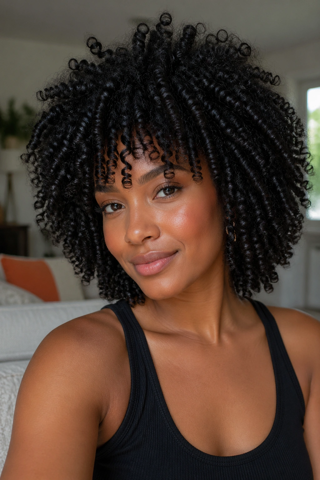 Close-up of a real person with diffuser-styled wash and go curls