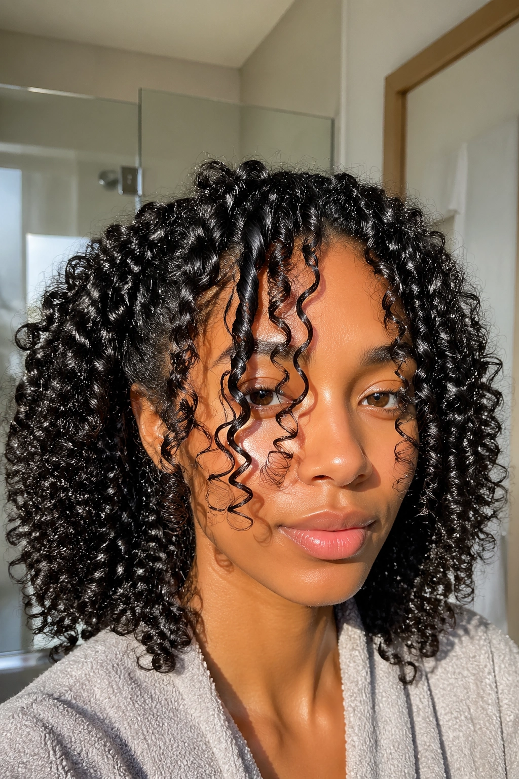 Real woman with wash-and-go curls framed at the face