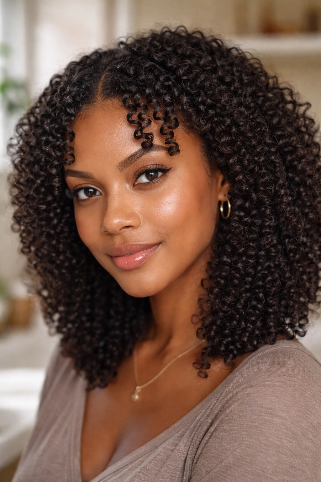 Portrait of a real person with finger curls enhanced on a wash-and-go style.