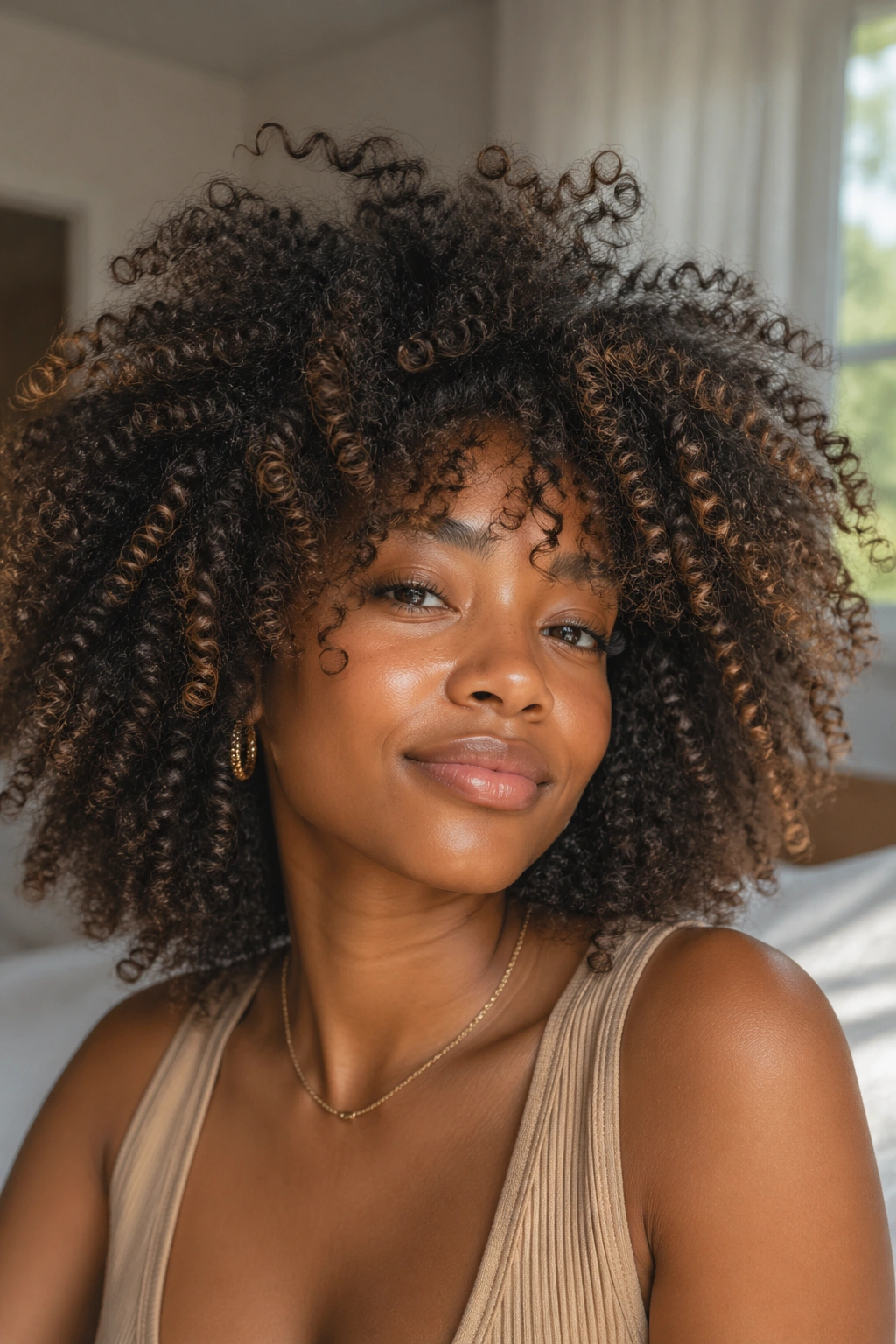 Close-up of a real person with a fluffy wash-and-go hairstyle.