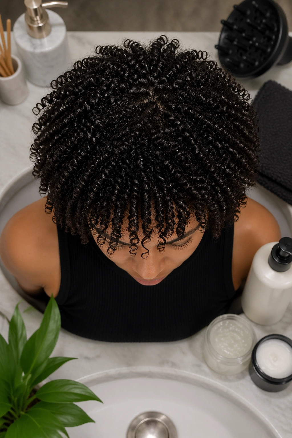Overhead flat lay of rounded wash-and-go with fringe.