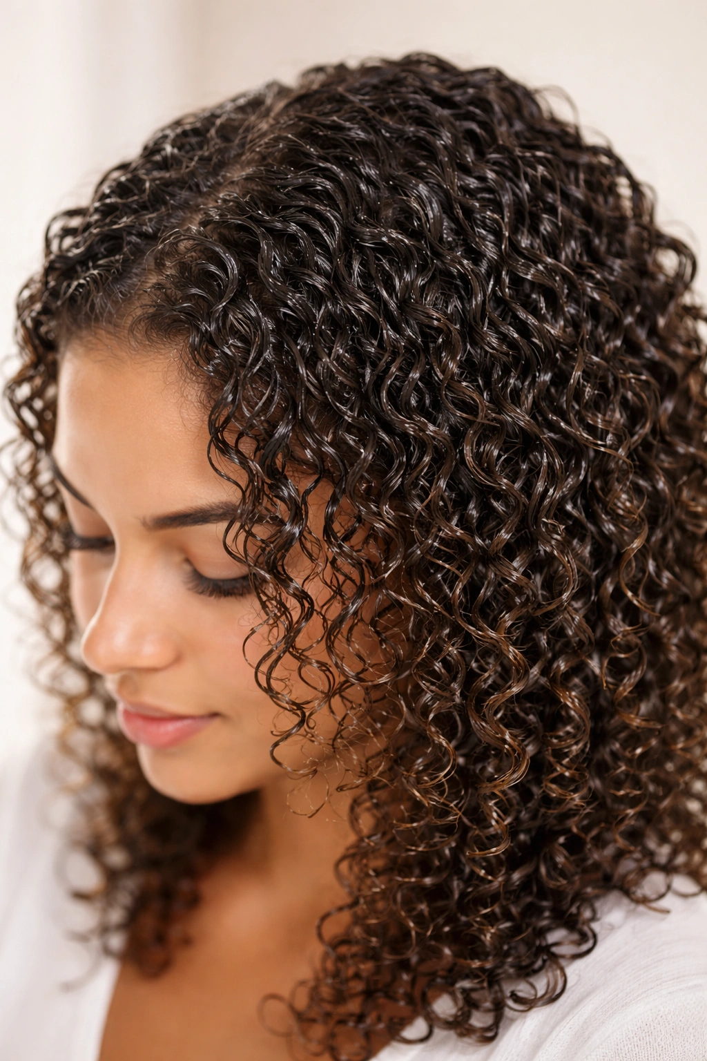 Close-up of curls with gel cast from wash-and-go and defined texture.