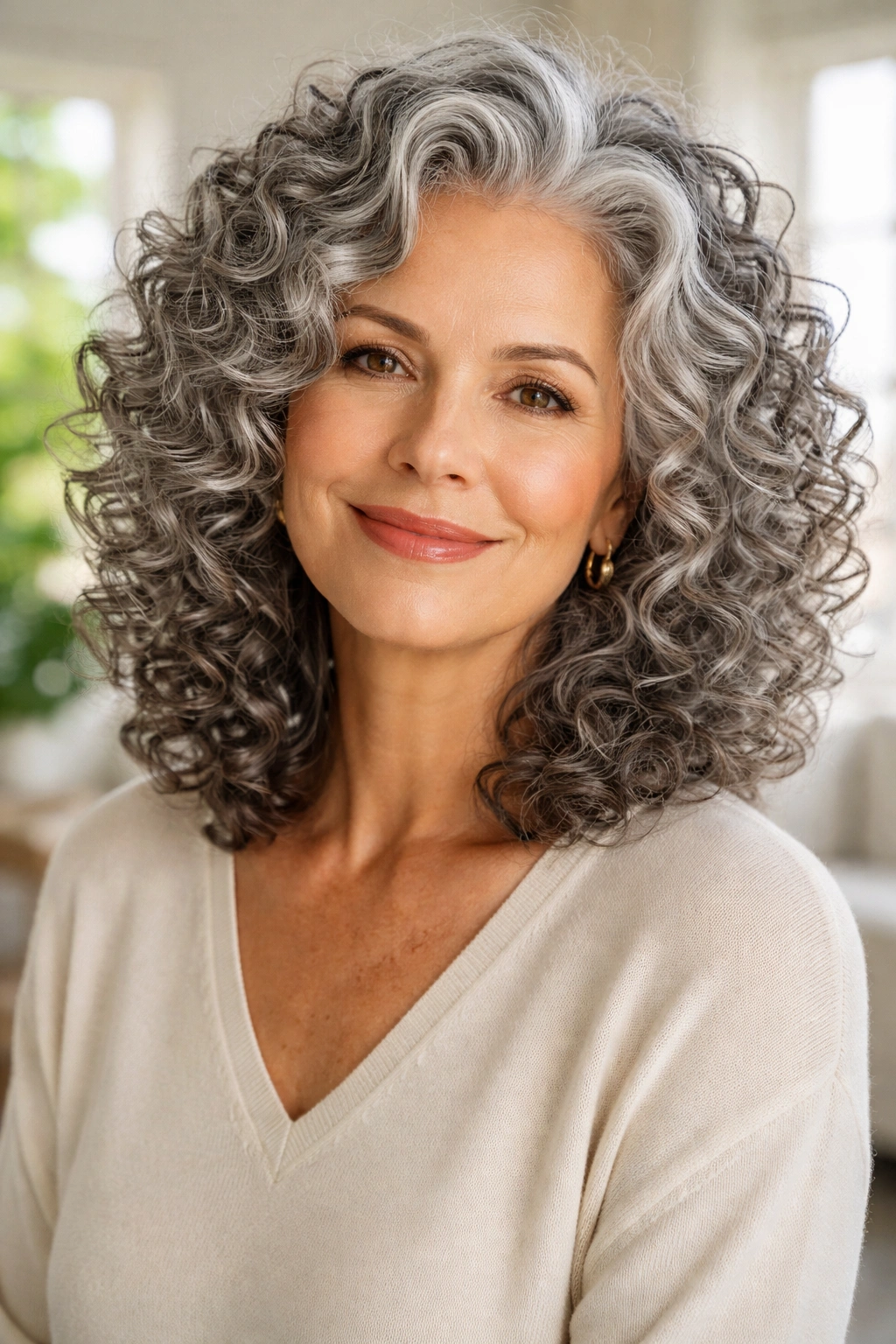 Close-up of a real woman with glossy grey wash-and-go curls