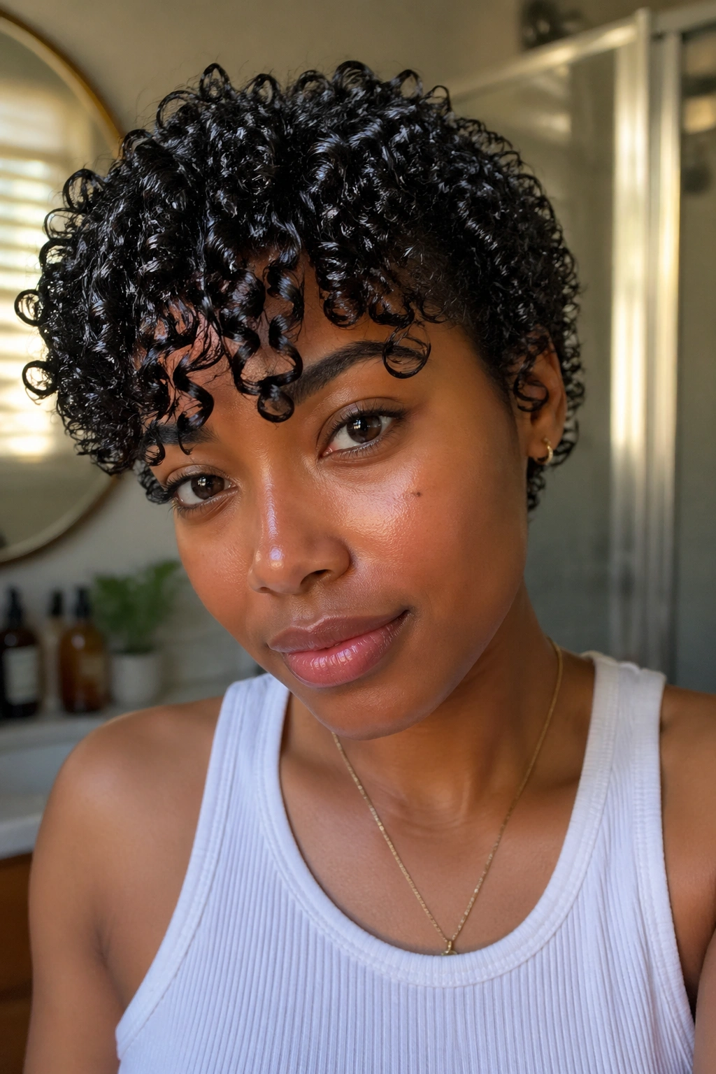 Close-up portrait of a real woman with glossy Jerry Curl-inspired wash-and-go refresh.