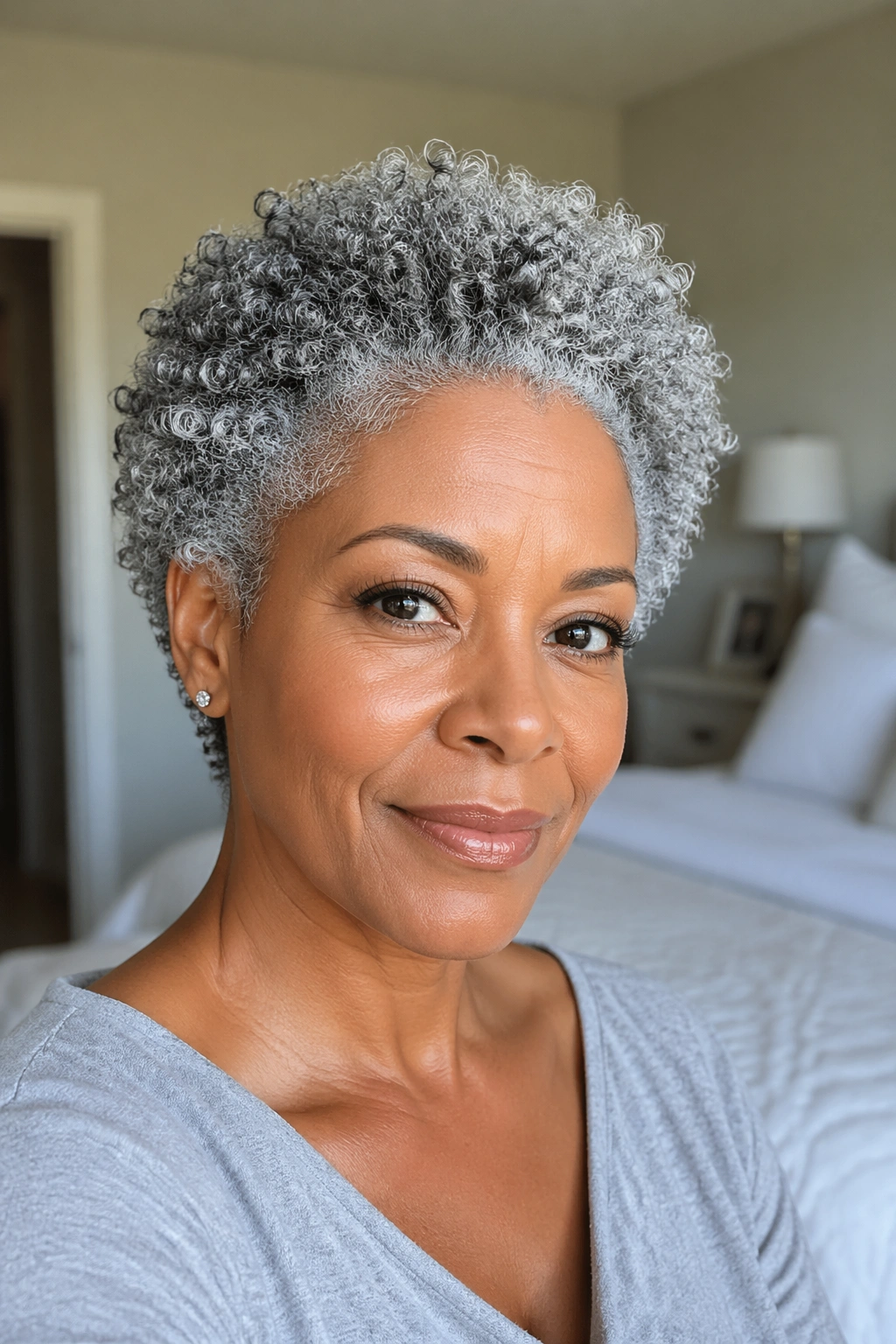Close-up of a real woman with short grey wash-and-go curls and root lift