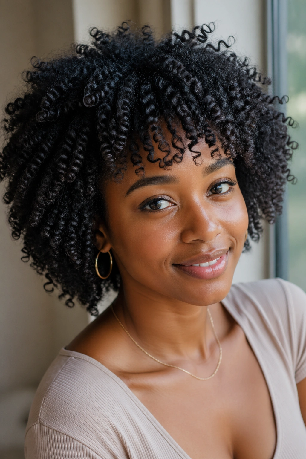 Close-up of a real woman with defined wash-and-go curls