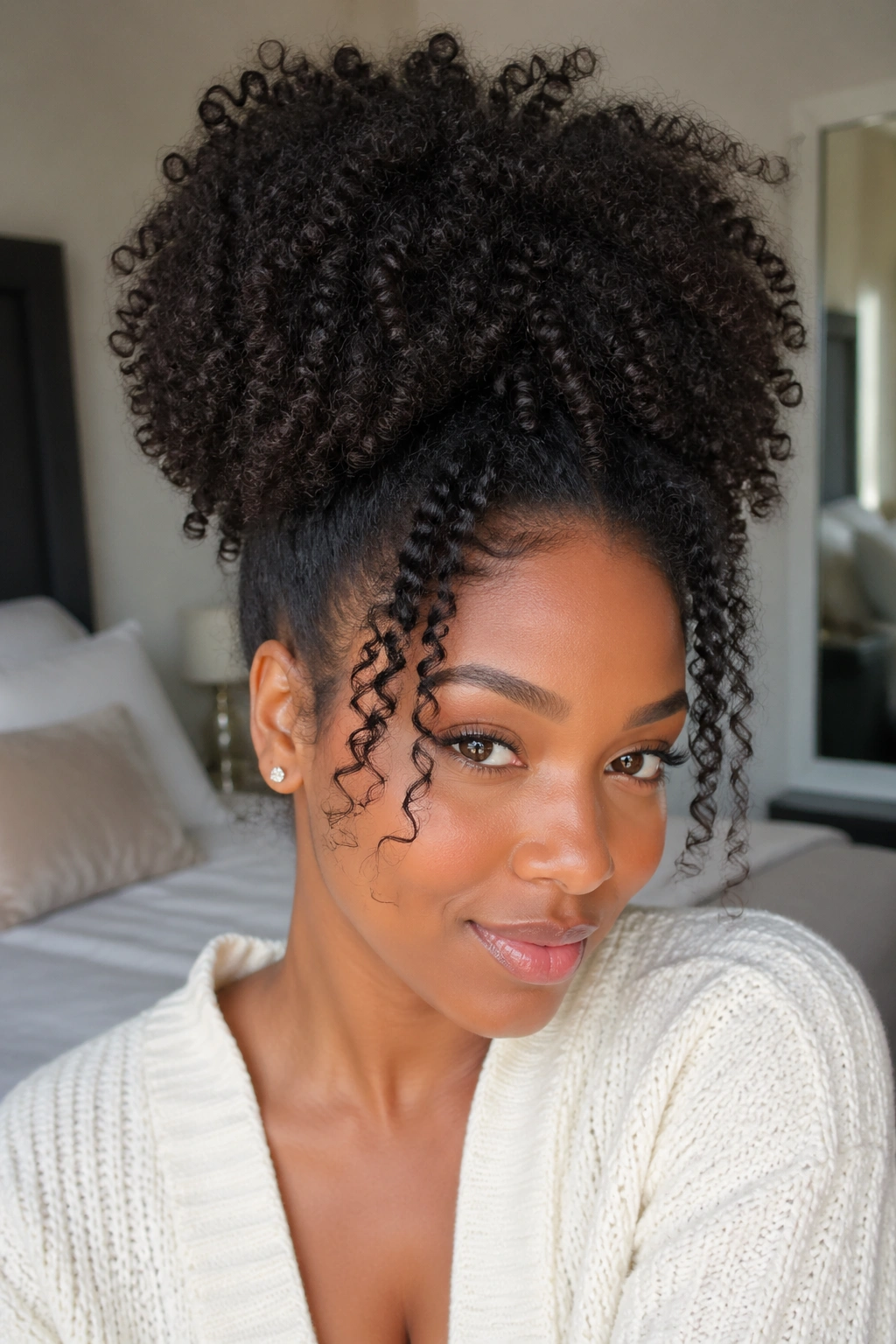 Close-up of a real woman with a voluminous wash-and-go high puff ponytail in natural window light.