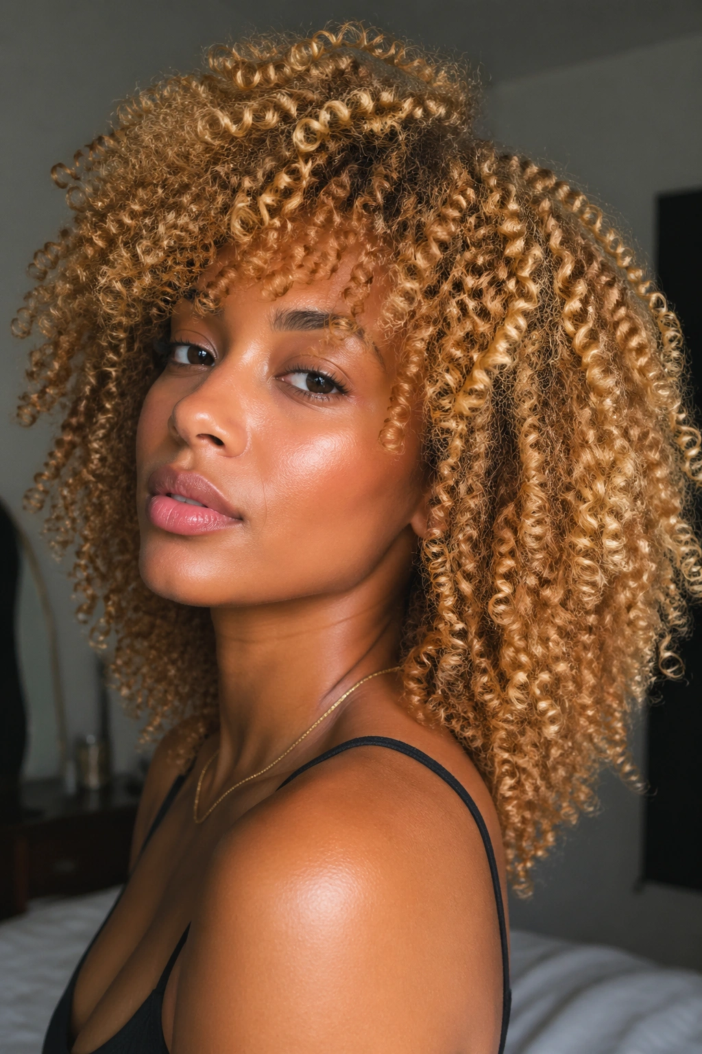 Woman with honey blonde wash-and-go curls in natural light