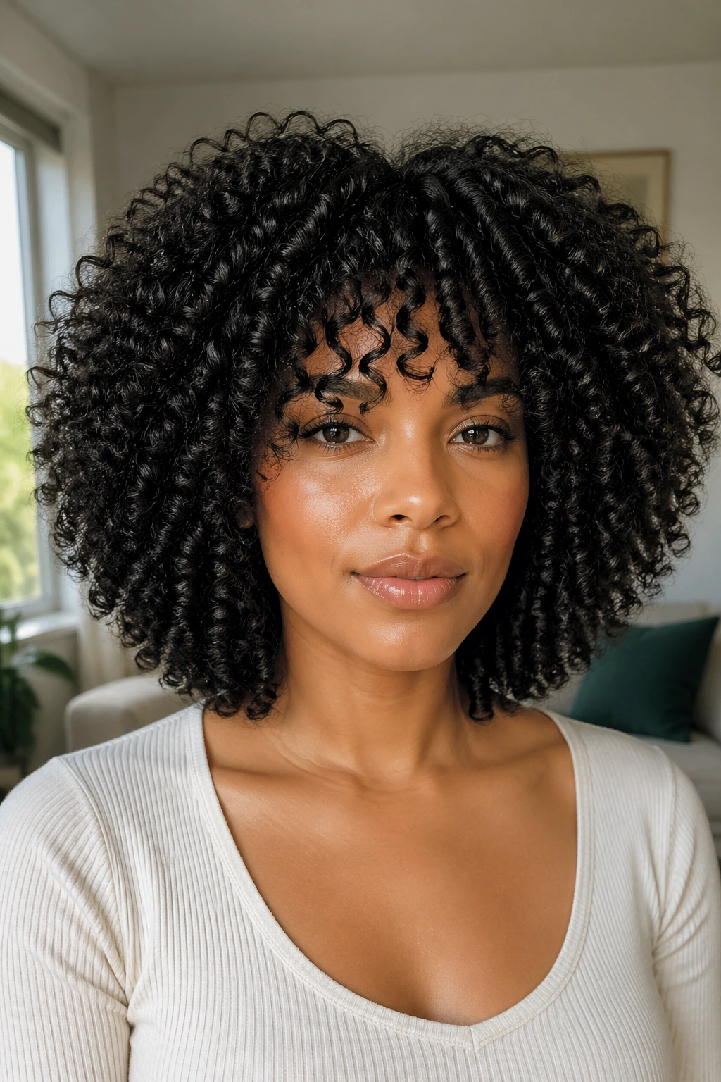 Close-up portrait of a woman with layered wash-and-go haircut