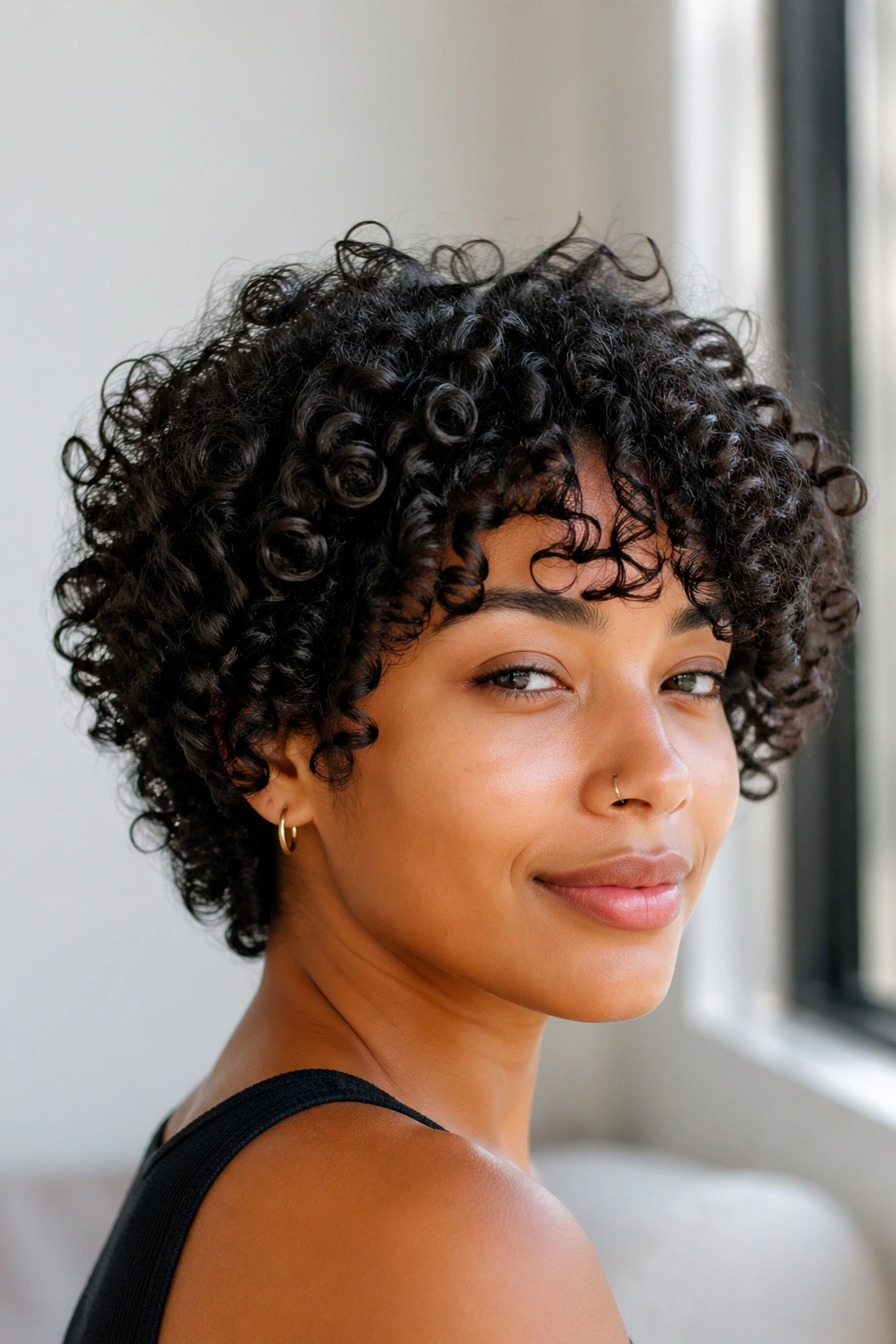 Close-up portrait of a real person with a short layered wash-and-go curls
