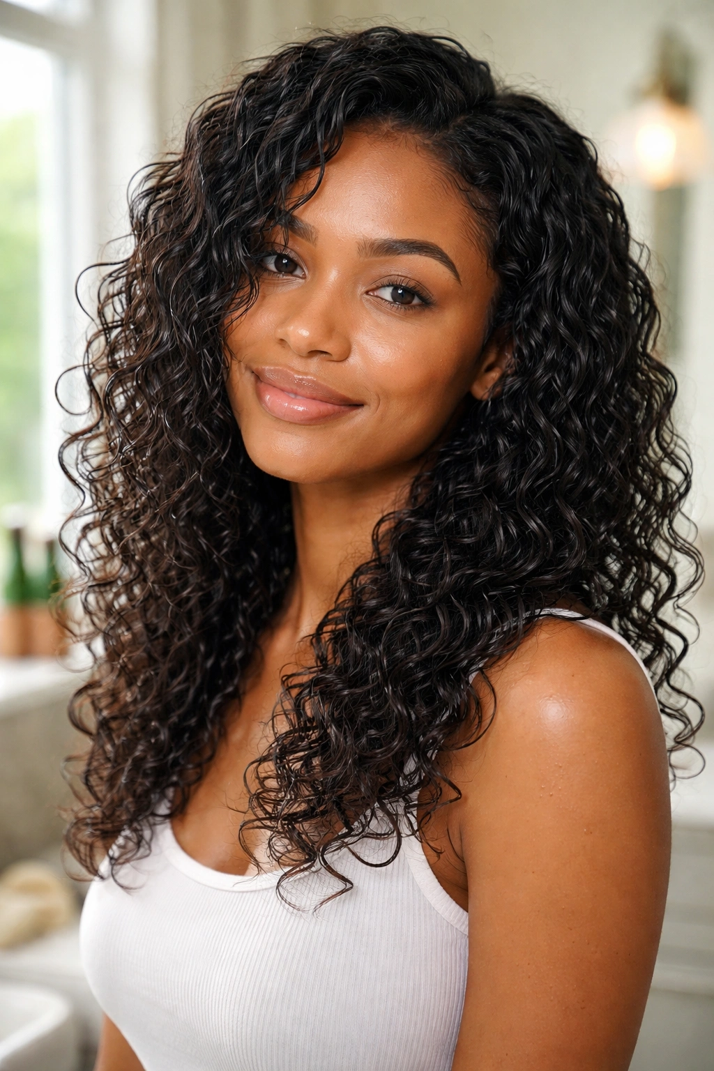 Close-up of damp hair in a wash-and-go loose curl style on a real person