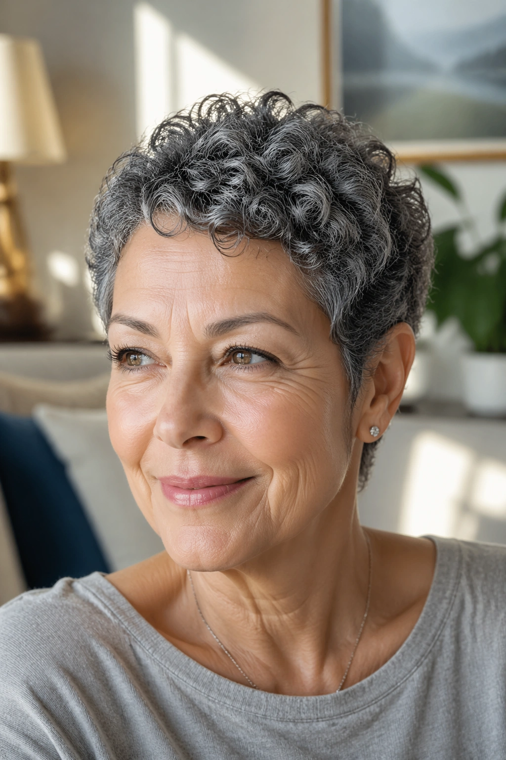 Close-up of a real woman with wash-and-go curly pixie and minimal layers in natural light