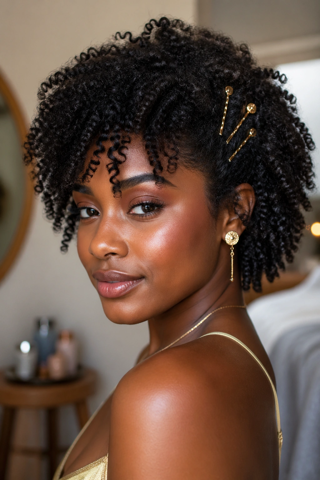 Close-up of a real woman with a defined wash-and-go and gold accessories in curls.